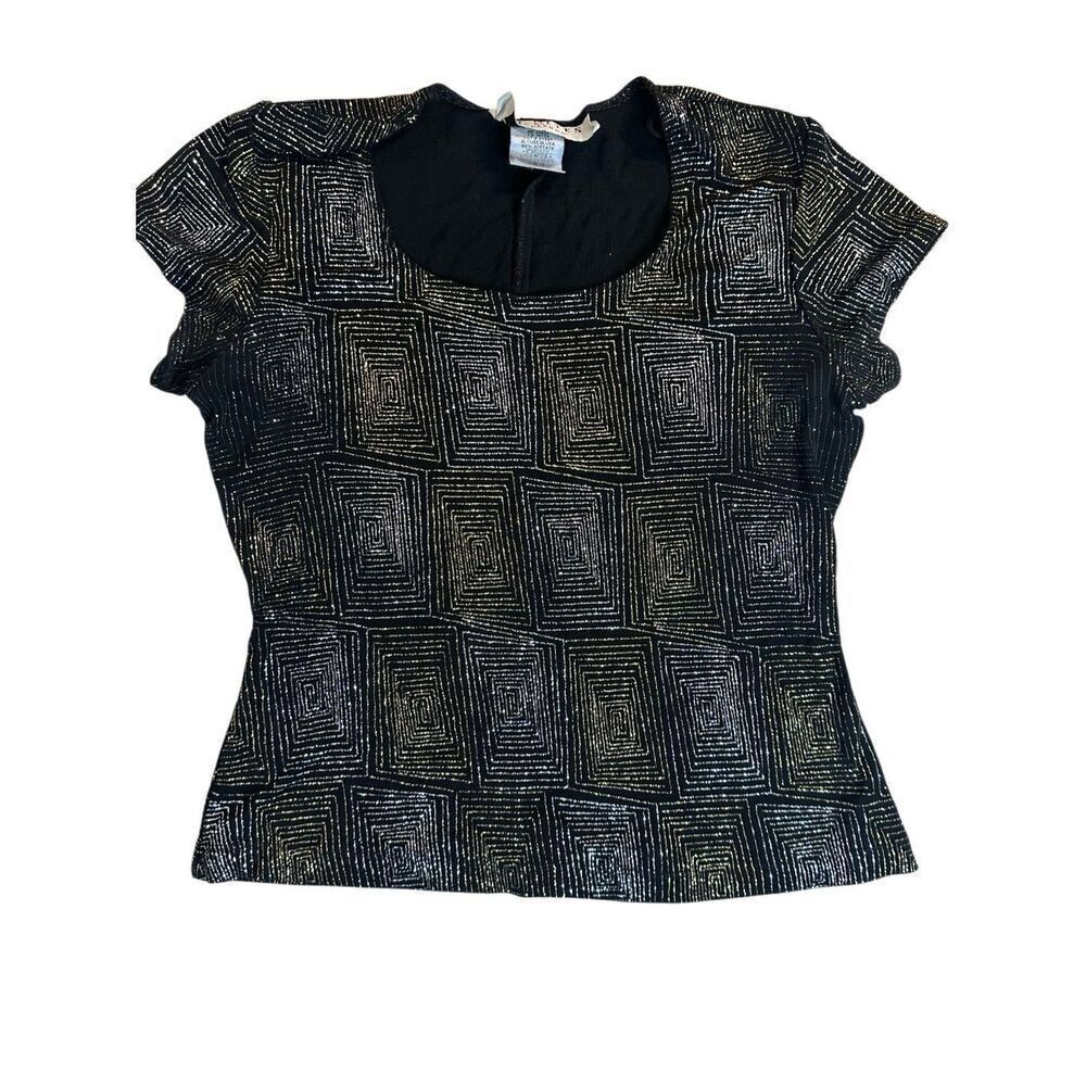 Vintage J.R. Nites Caliendo Women 10 Black Geometric Print Short Sleeve Blouse